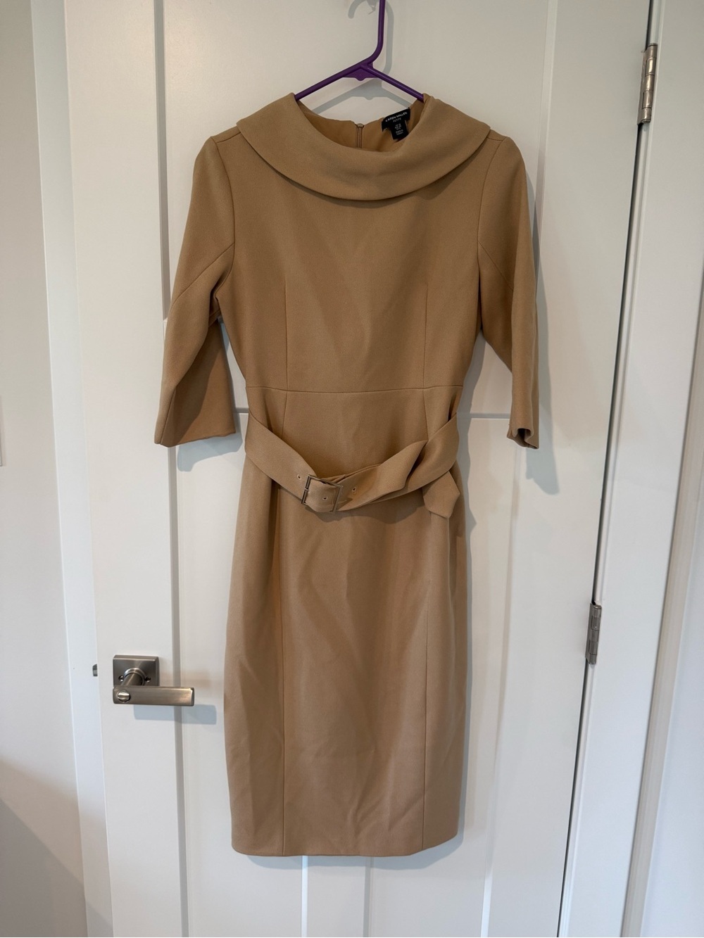 Karen Millen Camel Midi Crepe Structure Dress with Waist Tie 6 Petite - Picture 4 of 11